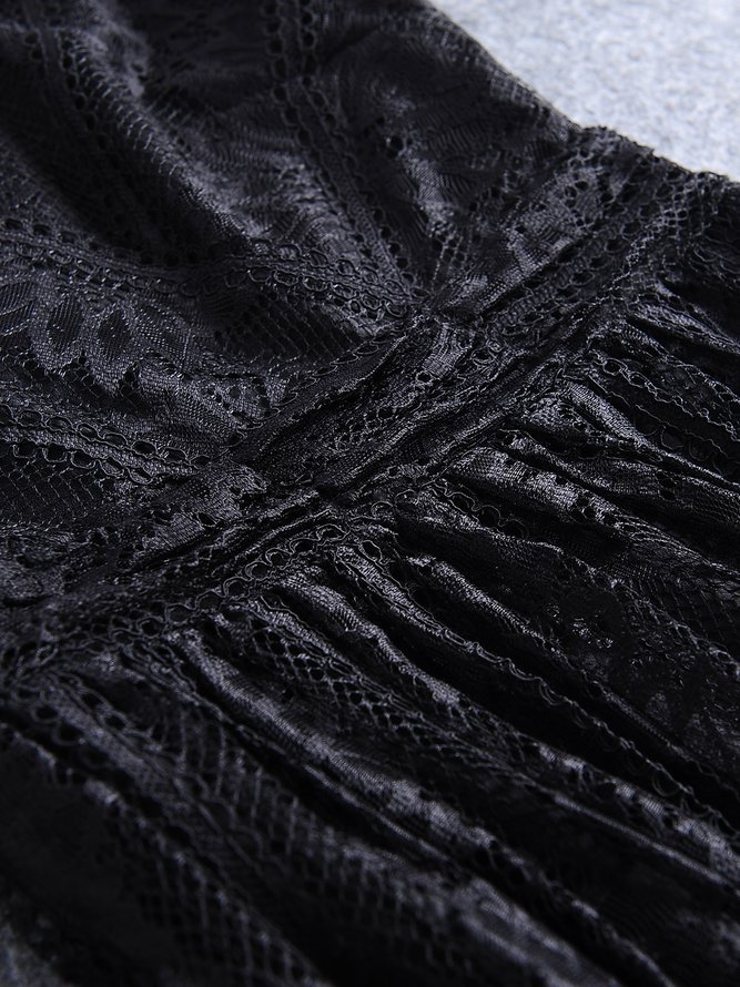 Black 3/4 Sleeve Surplice Neck Guipure Lace Floral Midi Dress